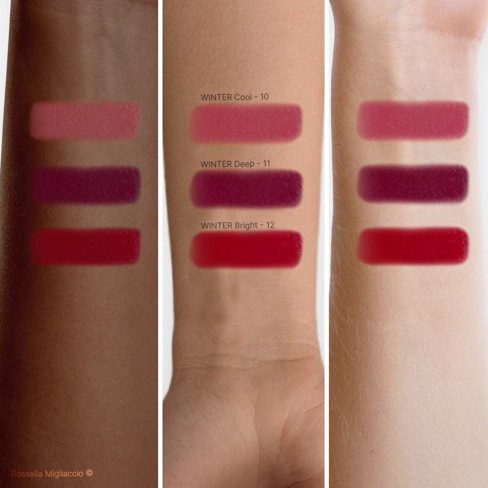 Swatch rossetti Winter Cool, Deep e Bright di Rossella Migliaccio.