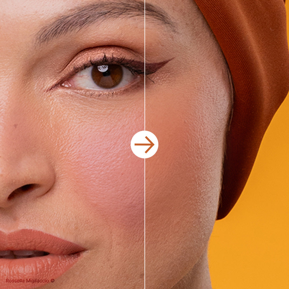 Foto del look prima e dopo l'utilizzo dello stick viso di Rossella Migliaccio per scaldare l'incarnato.