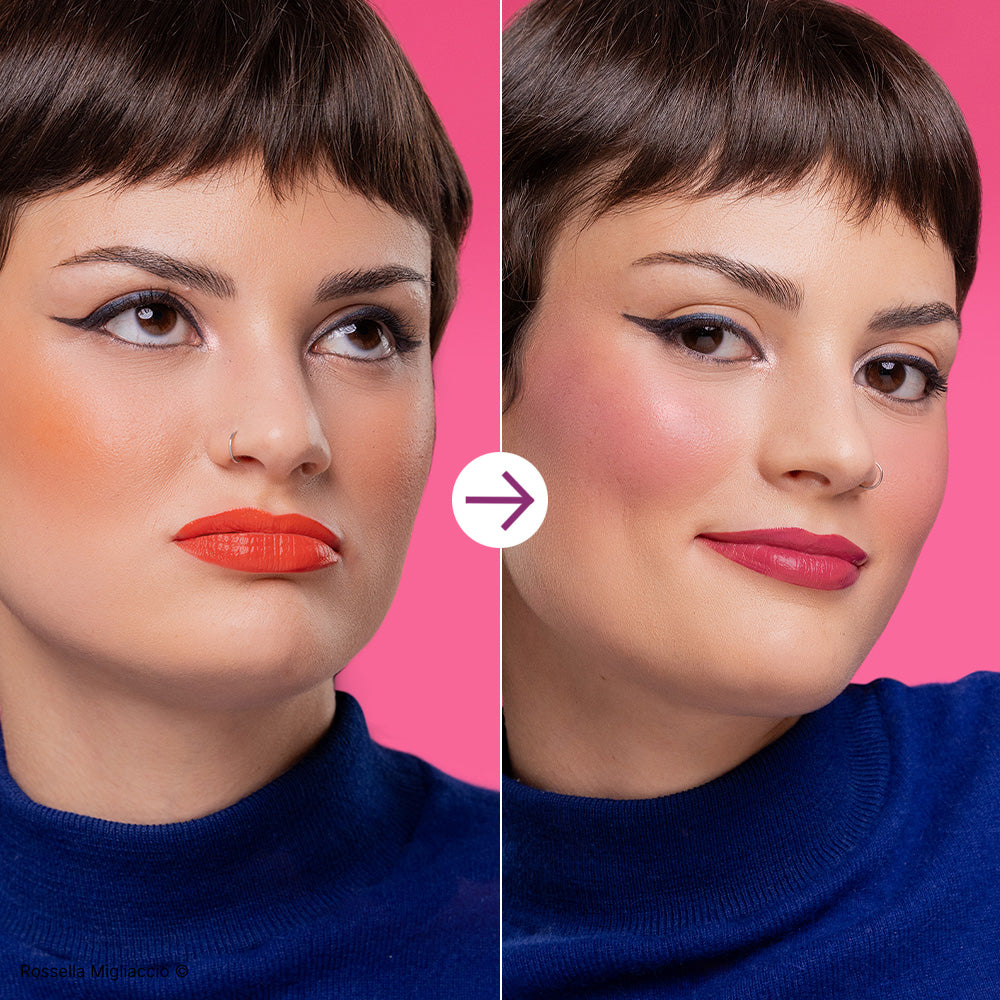 Prima e dopo l'utilizzo dello sticl viso Armosaver Cooler per raffreddare il make-up.