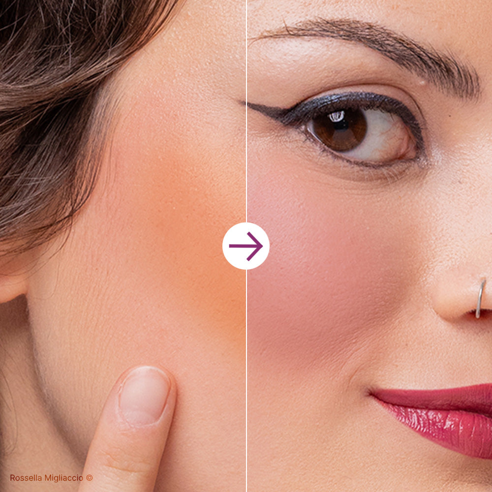 Make-up look prima e dopo l'utilizzo dello stick viso per raffreddare l'incarnato.