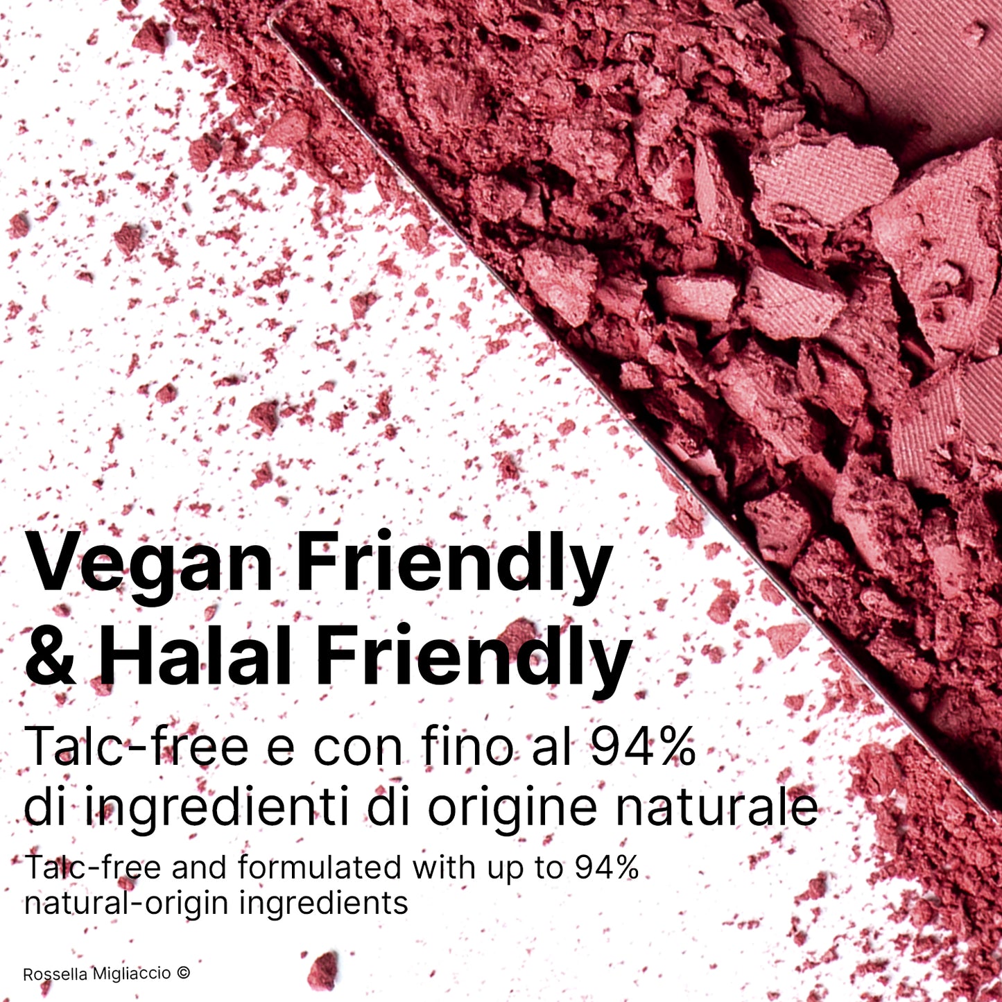 Infografica su Winter 02, il blush rosa brillante per la palette primavera di Rossella Migliaccio, vegan e halal friendly.