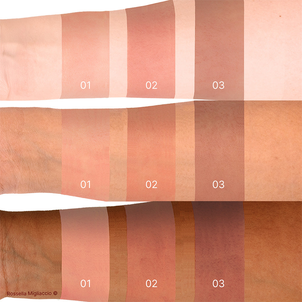 Swatch dei 3 blush autumn contenuti nel Cofanetto Deluxe Autumn di Armocromia Rossella Migliaccio. Su tre sottotoni di pelle.