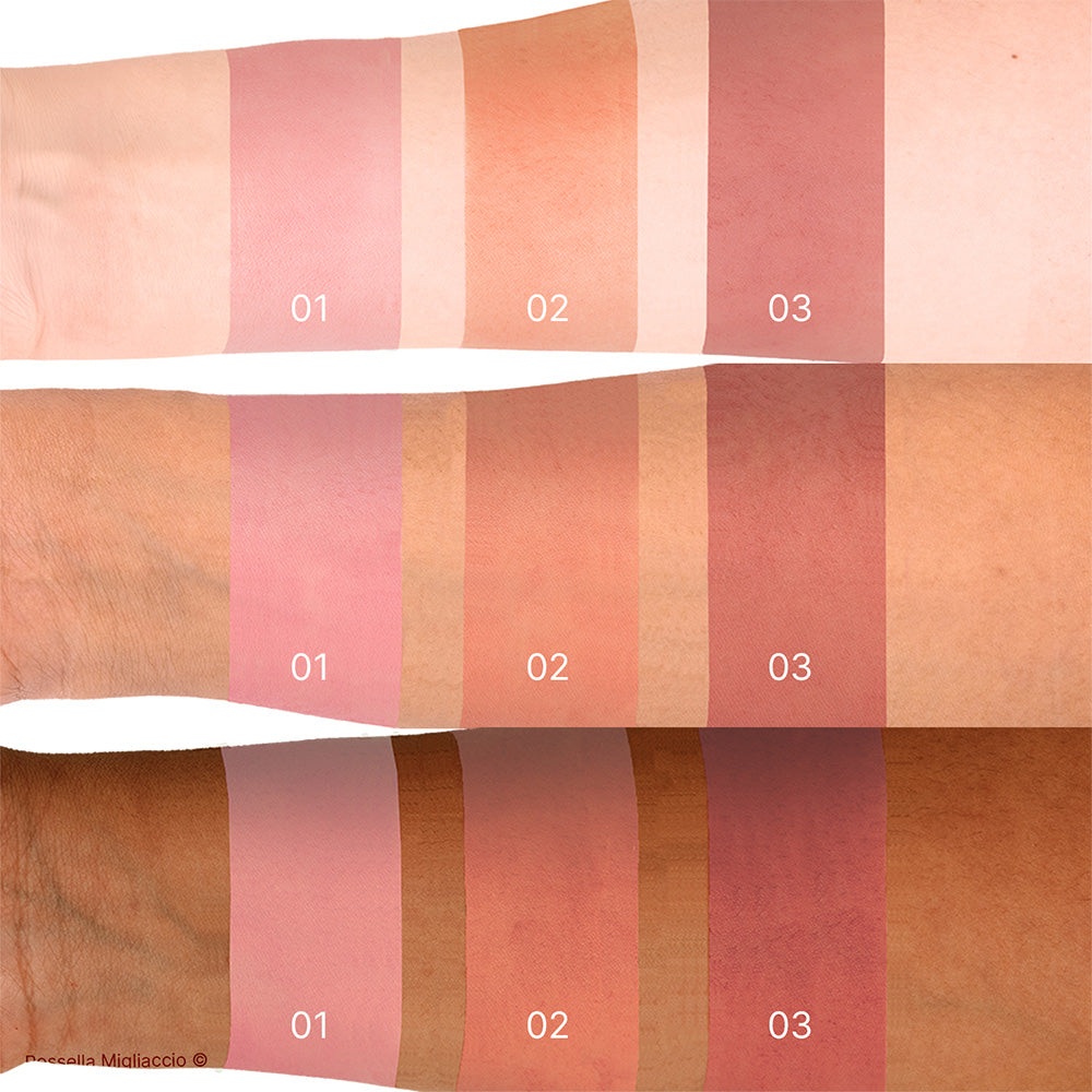 Swatch dei 3 blush primavera contenuti nel Cofanetto Deluxe Spring di Armocromia Rossella Migliaccio. Su tre sottotoni di pelle.