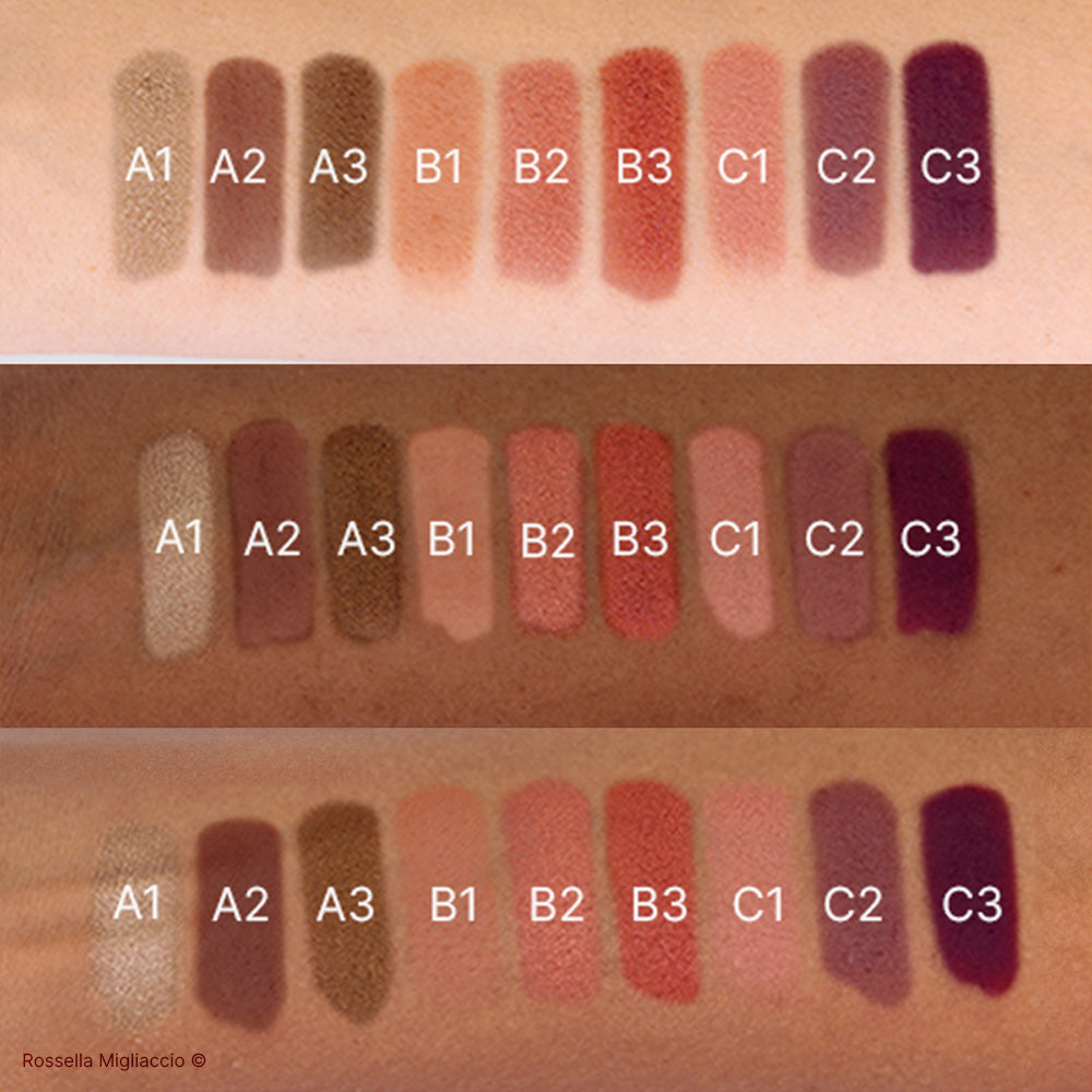 Swatch dei 9 ombretti della palette occhi autunno contenuta nel Cofanetto Deluxe autumn di Armocromia Rossella Migliaccio. Su tre sottotoni di pelle.