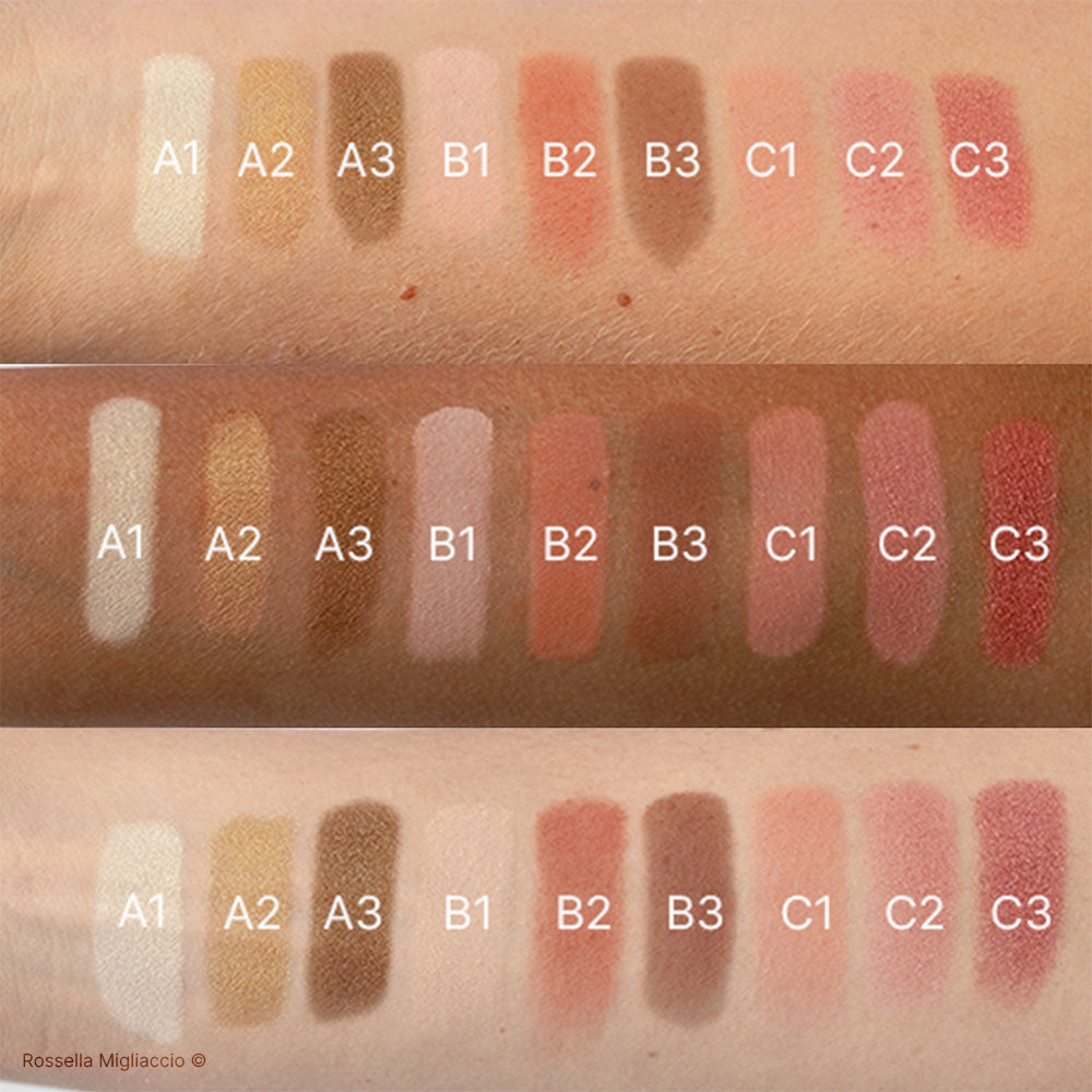 Swatch dei 9 ombretti della palette occhi primavera contenuta nel Cofanetto Deluxe Spring di Armocromia Rossella Migliaccio. Su tre sottotoni di pelle.