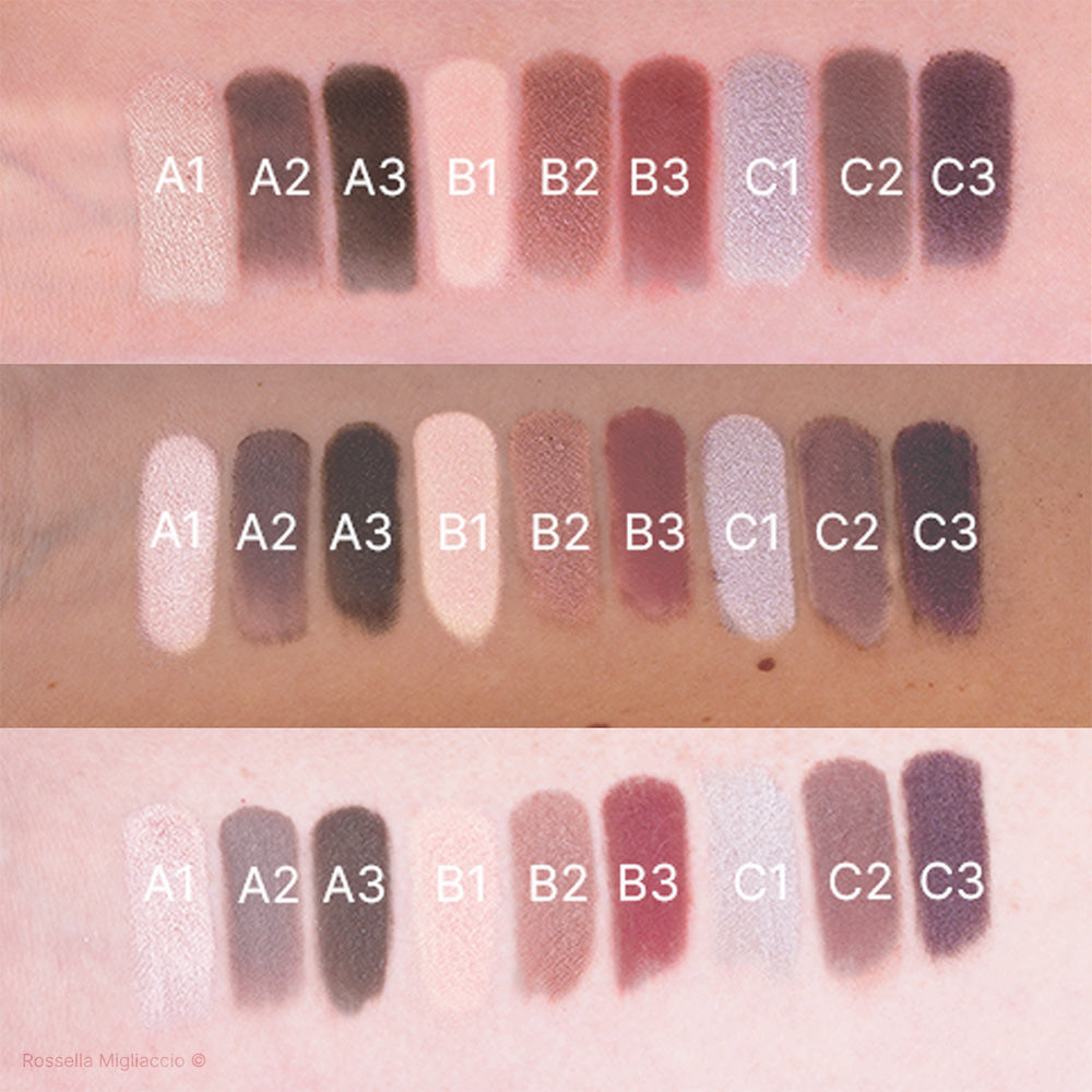 Swatch dei 9 ombretti della Palette Occhi Summer contenuta nel Cofanetto Deluxe Summer di Armocromia Rossella Migliaccio. Su tre sottotoni di pelle.