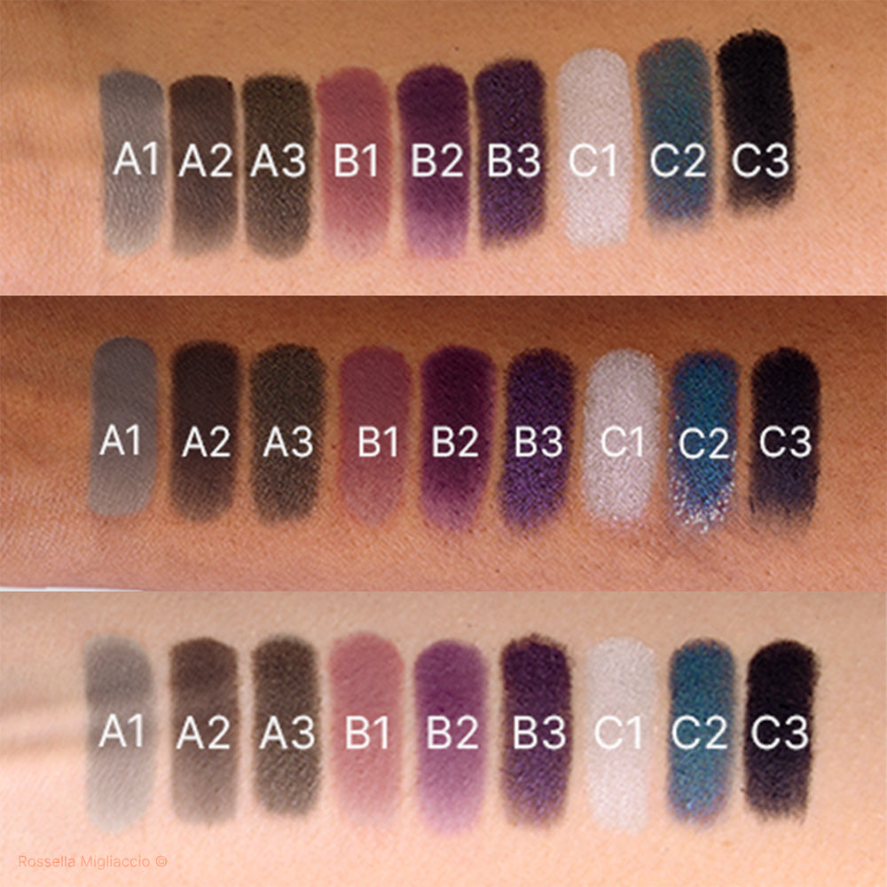 Swatch dei 9 ombretti della Palette Occhi Winter contenuta nel Cofanetto Deluxe Winter di Armocromia Rossella Migliaccio. Su tre sottotoni di pelle.