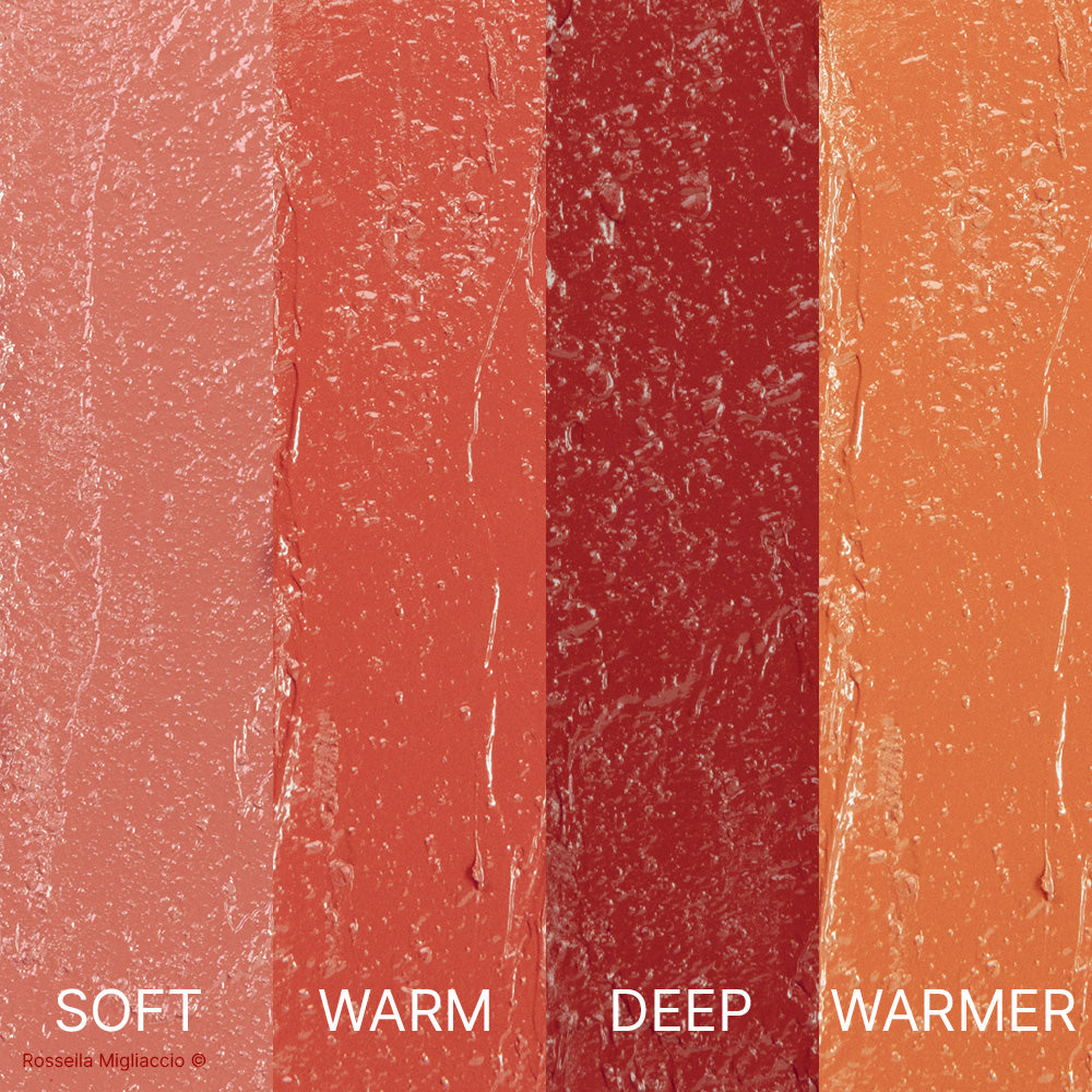 Swatch dei 3 rossetti autumn e dell’Armosaver Warmer contenuti nel Cofanetto Deluxe Autumn di Armocromia Rossella Migliaccio.