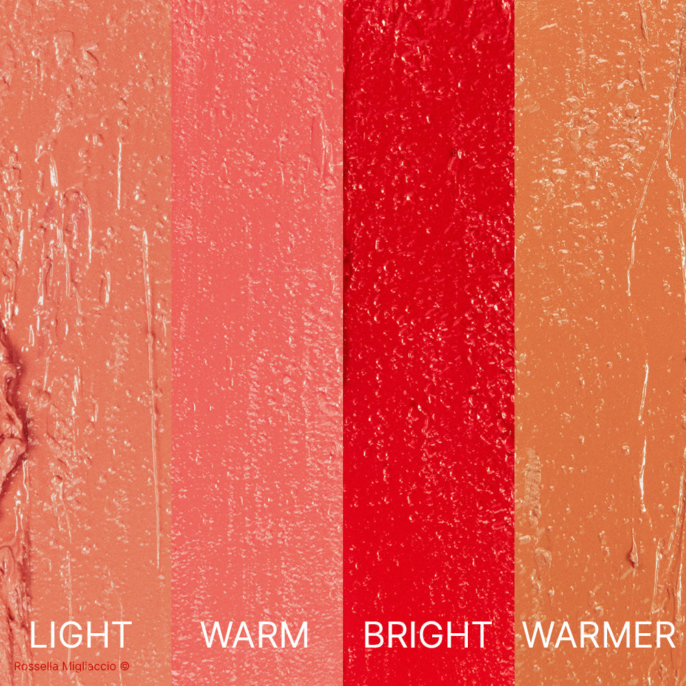 Swatch dei 3 rossetti spring e dell’Armosaver Warmer contenuti nel Cofanetto Deluxe Spring di Armocromia Rossella Migliaccio.