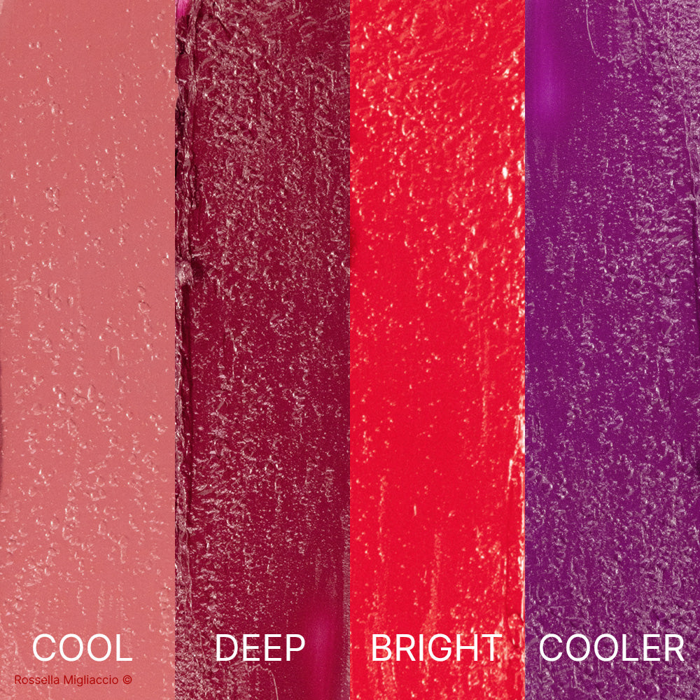 Swatch dei 3 rossetti Winter e dell’Armosaver Cooler contenuti nel Cofanetto Deluxe Winter di Armocromia Rossella Migliaccio.